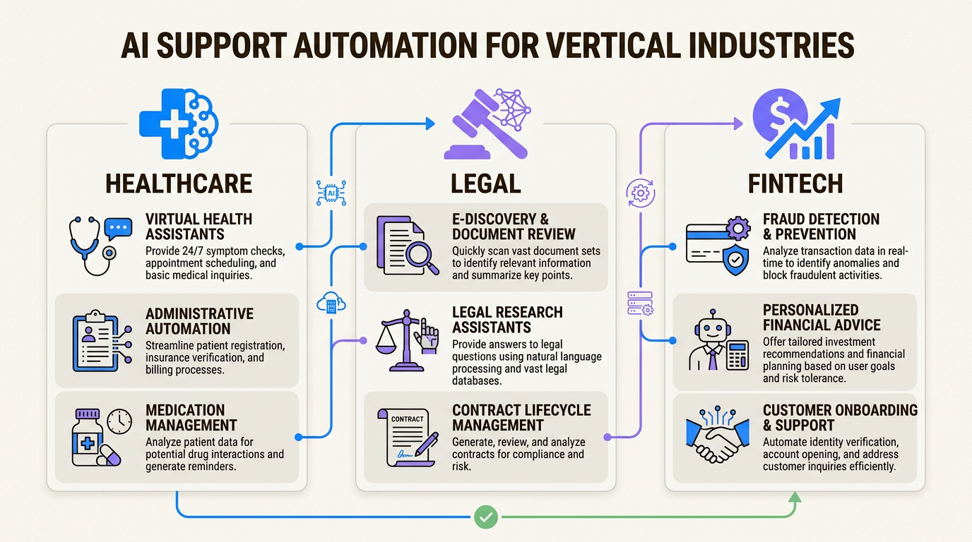 医療、法律、金融業界がAI自動化に接続されていることを示すバーティカルSaaSインフォグラフィックのAIサポート。