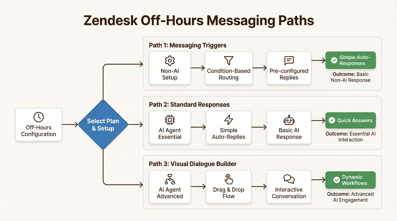 Matriz de decisão para selecionar estratégias de mensagens fora do horário por plano do Zendesk e nível de IA
