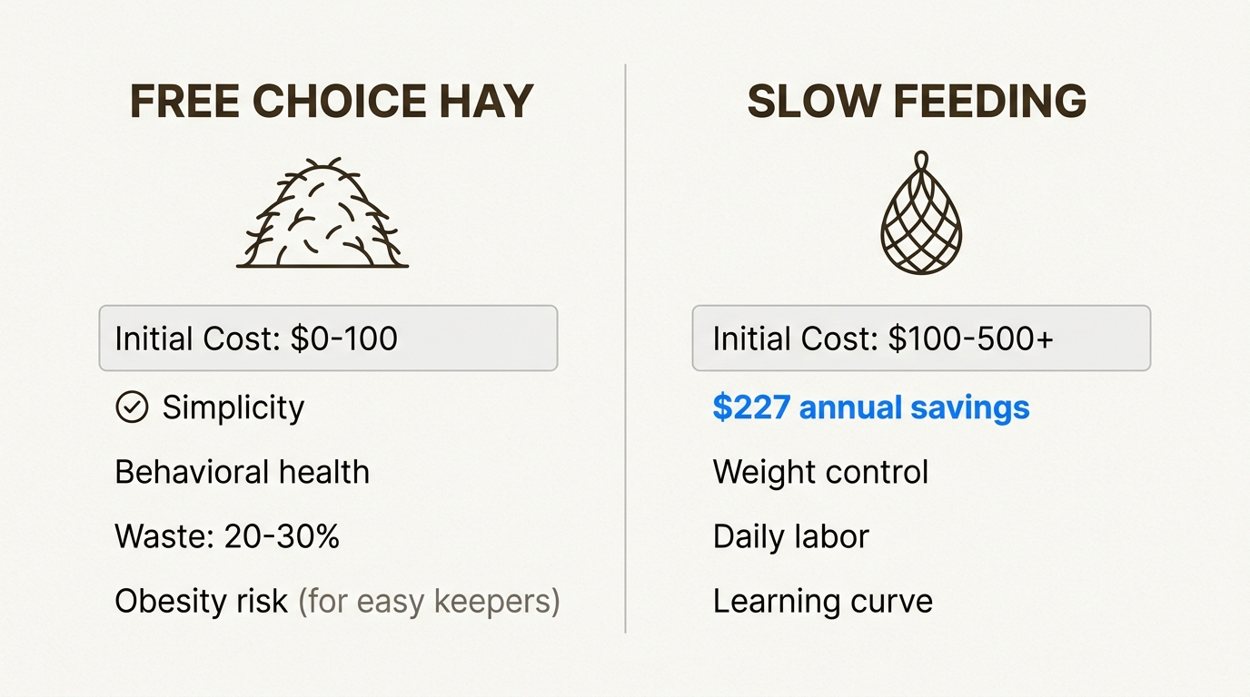 This infographic provides a clear overview of the distinct advantages and drawbacks of free choice hay versus slow feeding.