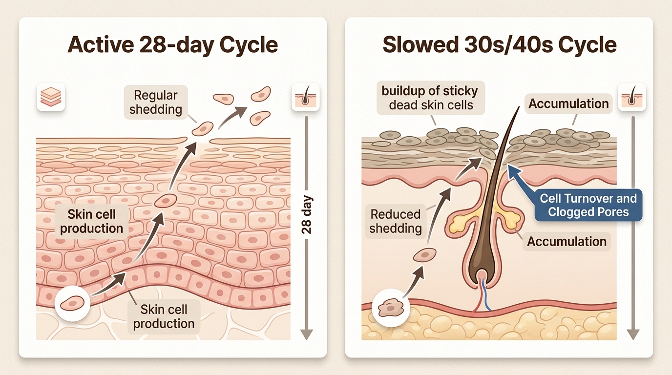 Slower skin cell renewal and deep clogs