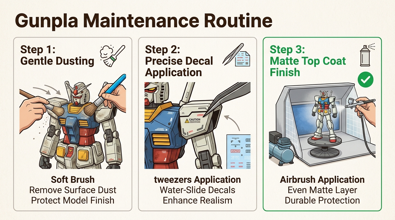 Follow this essential three-step maintenance routine to preserve your Gunpla collection's pristine condition and professional appearance for years.