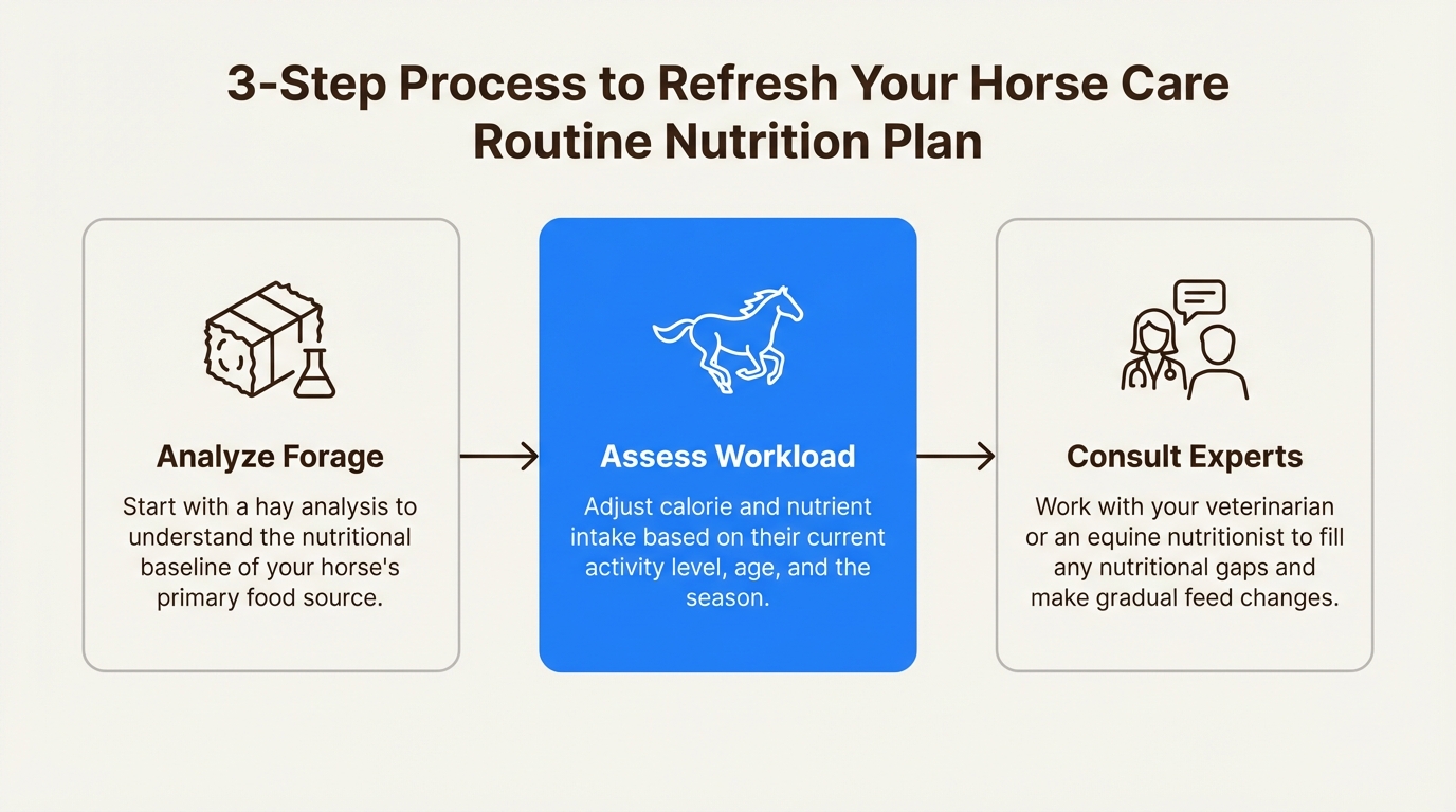 A workflow diagram outlining the three key steps to re-evaluate and refresh a horse care routine for nutrition.