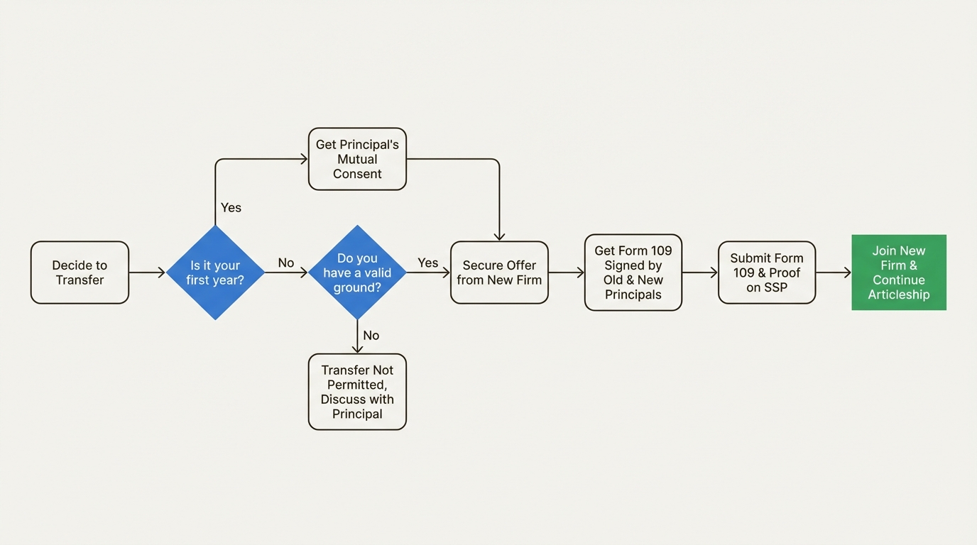 A workflow diagram outlining the steps for taking a transfer in CA articleship, from the initial decision to joining a new firm with Form 109.