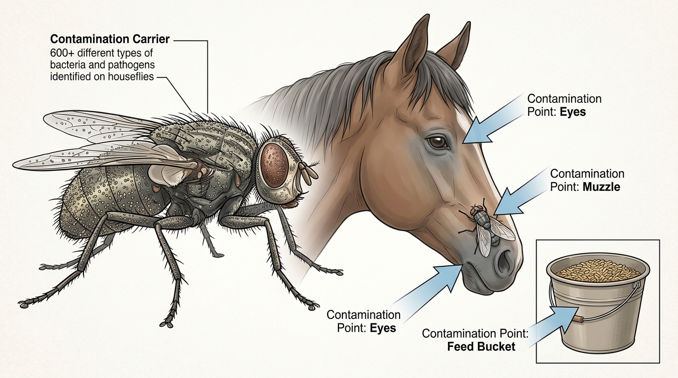 Flies act as airborne shuttles, depositing hundreds of bacteria types directly onto sensitive areas like your horse's eyes and muzzle.