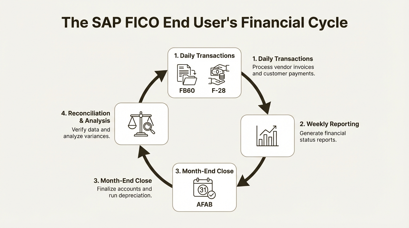 A workflow diagram showing the typical financial cycle for an SAP FICO End User, contrasting with the project-based work of a consultant.