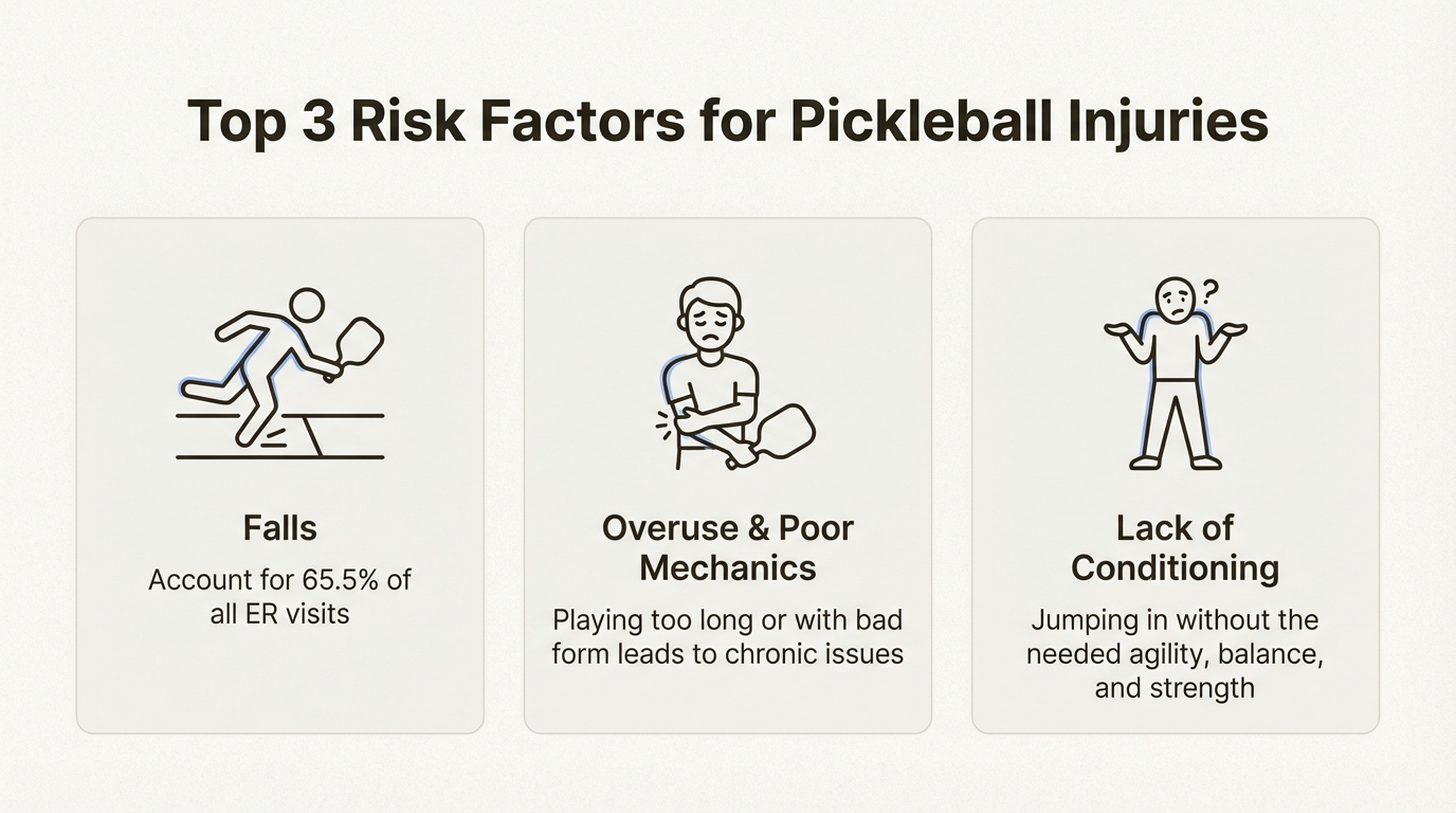 An infographic showing the three main risk factors for pickleball injuries: falls, overuse from poor mechanics, and lack of physical conditioning.