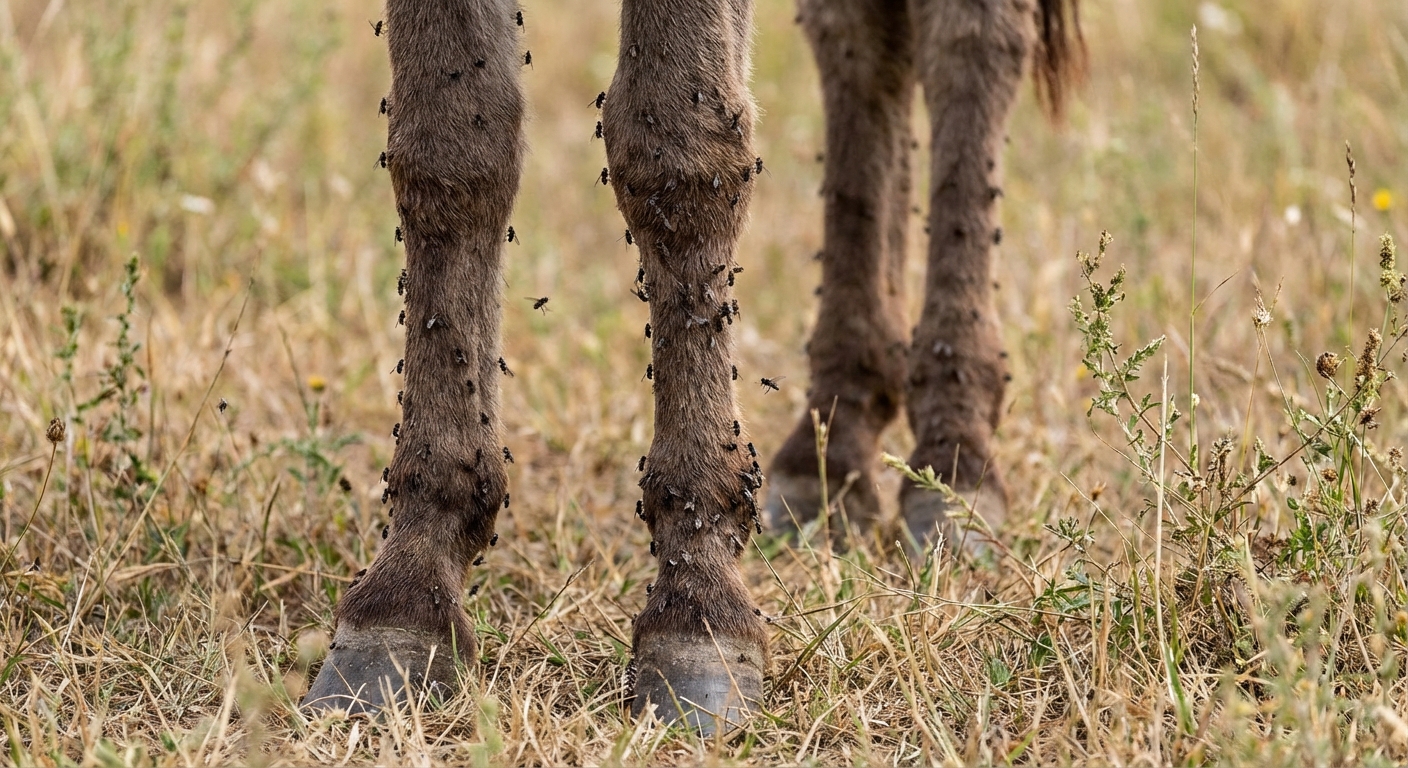 Donkeys often endure fly bites without stomping, making their lower legs highly susceptible to painful sores and infections.