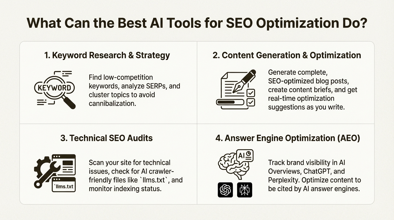 キーワード調査、コンテンツ生成、テクニカル監査、AEOを含む、SEO最適化に最適なAIツールの核となる機能を説明するインフォグラフィック。