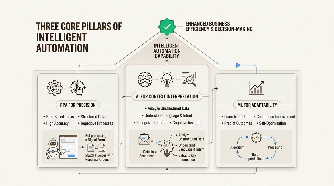 Understand the essential components (RPA, AI, and ML) that combine to create a truly context-aware and adaptive intelligent automation system.