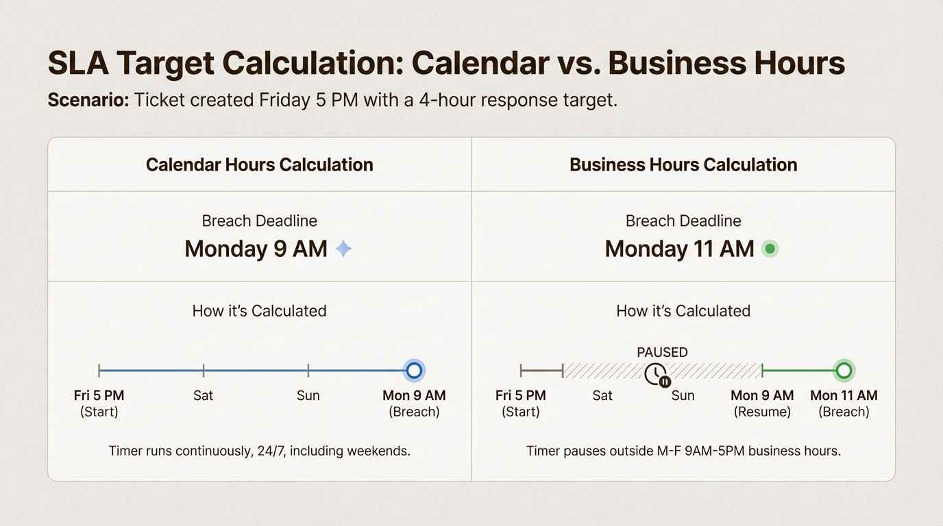 Diferencia de cálculo de SLA que muestra cómo el horario laboral brinda a los equipos objetivos justos
