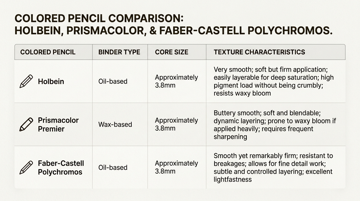 This comparison highlights how Holbein uniquely blends the creamy softness of wax-based pencils with the durability and layering benefits of an oil binder.