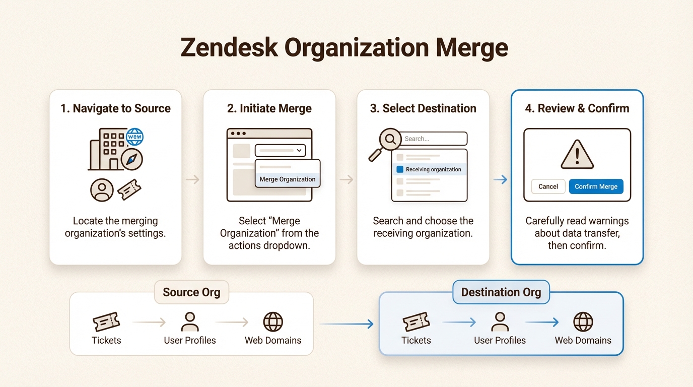 Dieses Workflow-Diagramm umreißt die vier wesentlichen Schritte zur Konsolidierung von Zendesk-Organisationen und stellt gleichzeitig sicher, dass Tickets und Benutzerdaten korrekt übertragen werden.