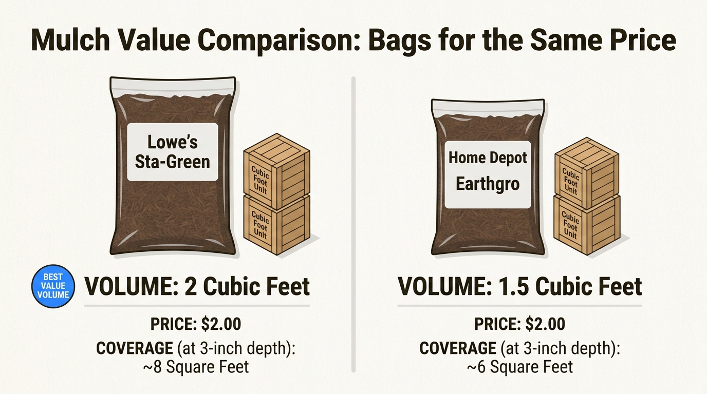Lowe's two-cubic-foot bags provide twenty-five percent more mulch coverage for the same price as competitors.