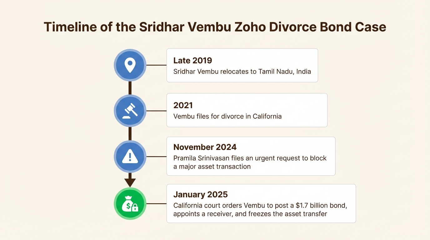 A timeline of the key events in the Sridhar Vembu and Pramila Srinivasan divorce case.