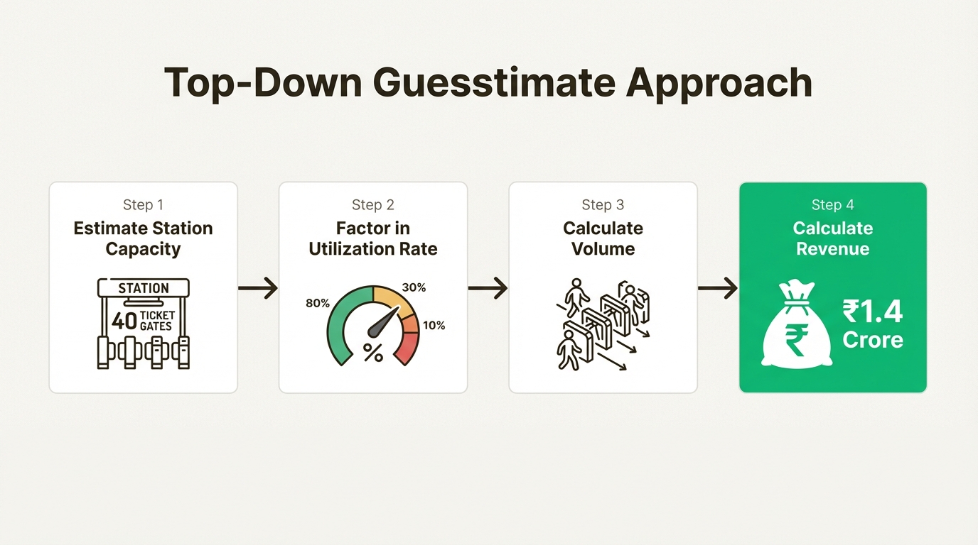 A four-step workflow diagram detailing the top-down approach for guesstimate interview questions.