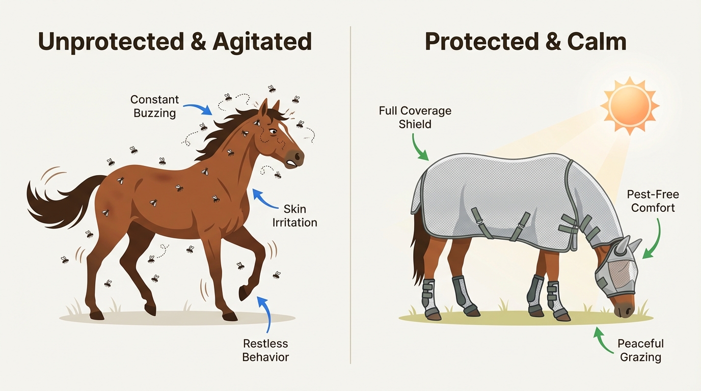 Proper fly gear allows horses to maintain their natural grazing patterns and body weight by eliminating constant pest-induced stress.