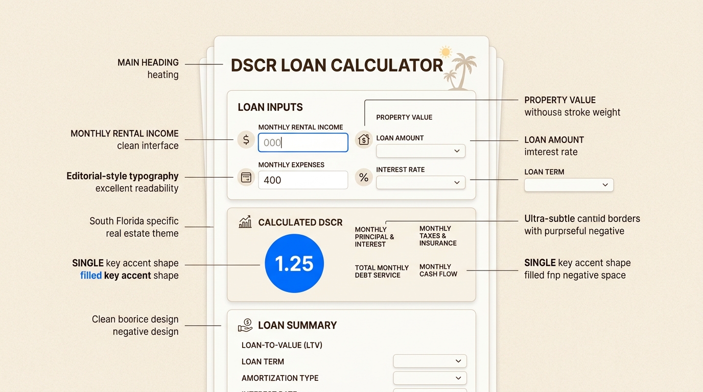 Mortgage calculator for a DSCR loan Florida showing a 1.25 ratio.