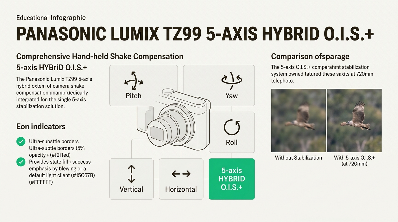 Achieve consistently sharp images even at maximum 720mm zoom thanks to the Lumix TZ99's advanced 5-axis HYBRID O.I.S.+ system, essential for handheld travel photography.
