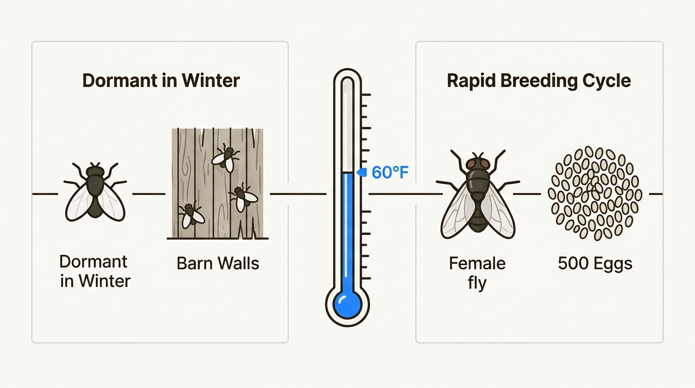 Reaching 60 degrees triggers fly emergence and rapid breeding, turning a minor nuisance into a major barn infestation within days.