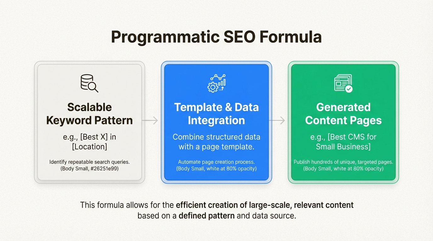 Infographie montrant la formule du SEO programmatique dans trois cases connectées : « Modèle de mots-clés évolutif » (par exemple, meilleur [X