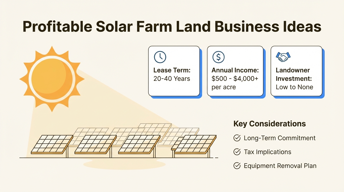 An infographic detailing the benefits of solar farm land business ideas, including lease terms, potential income, and key considerations for landowners.