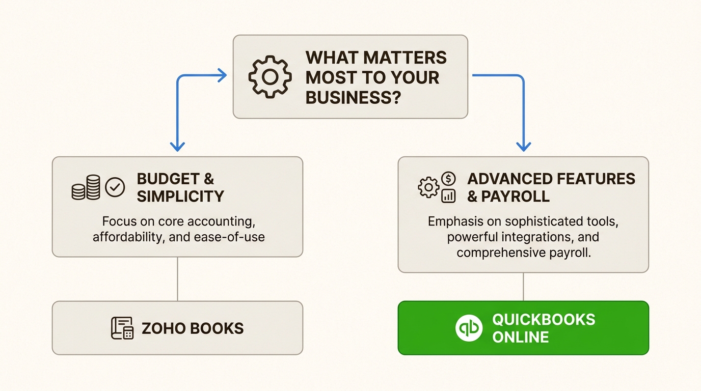 Decision framework for choosing between Zoho Books and QuickBooks Online based on business priorities