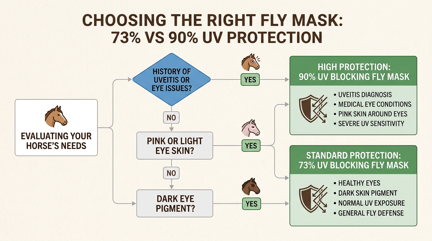 Use this decision tree to quickly determine whether your horse's specific eye health and pigmentation require a 73% or 90% UV blocking fly mask.