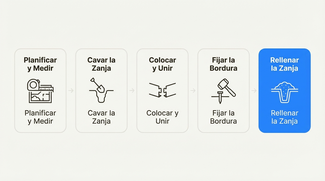 Un flujo de trabajo de 5 pasos que muestra cómo instalar borduras de acero corten para jardín, desde la planificación hasta el relleno de la zanja.
