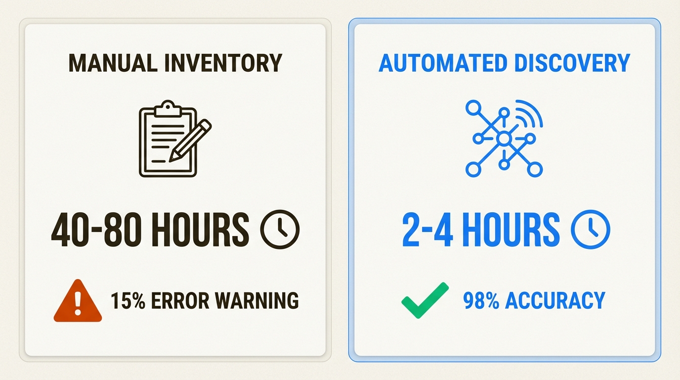 Switching from manual data entry to automated network discovery slashes onboarding time while eliminating costly inventory errors.