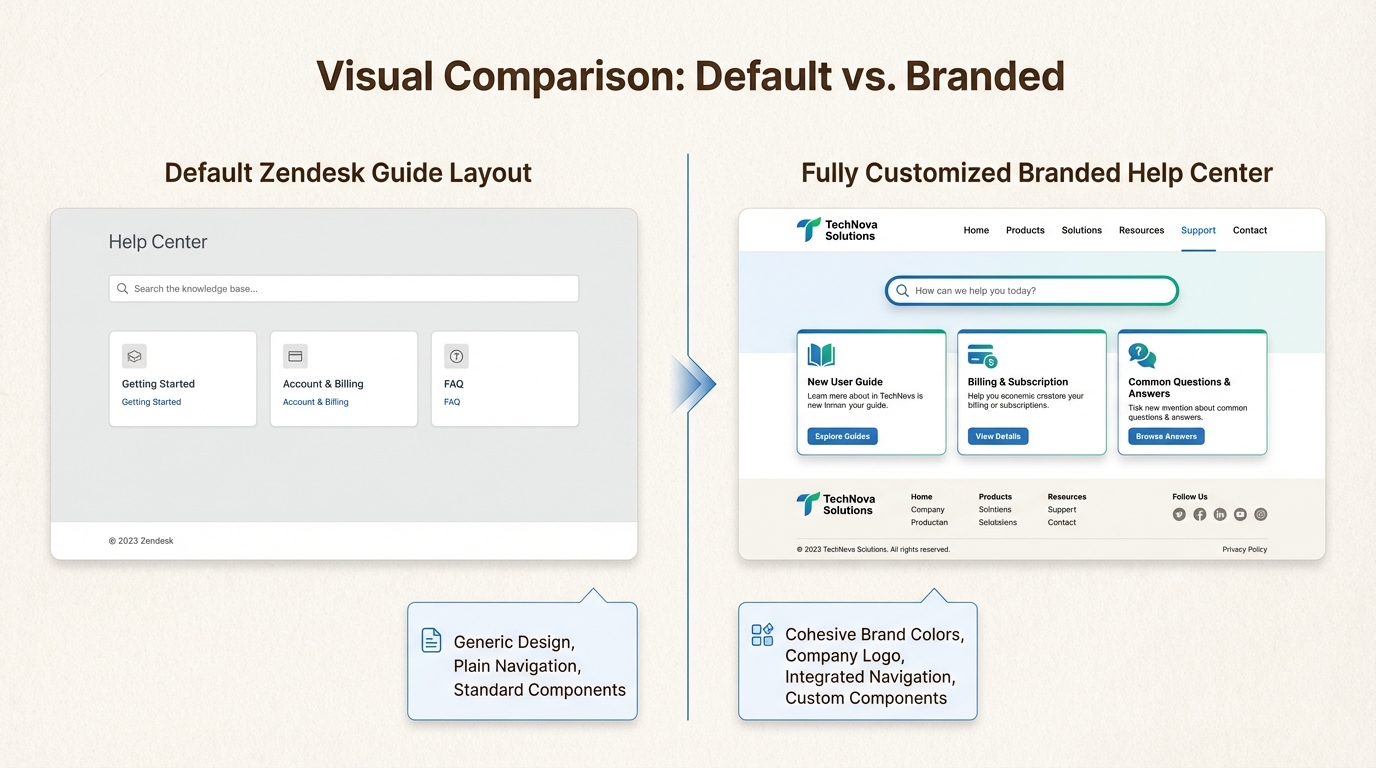 Interfaz del centro de ayuda de marca que coincide con los colores y el logotipo de la empresa