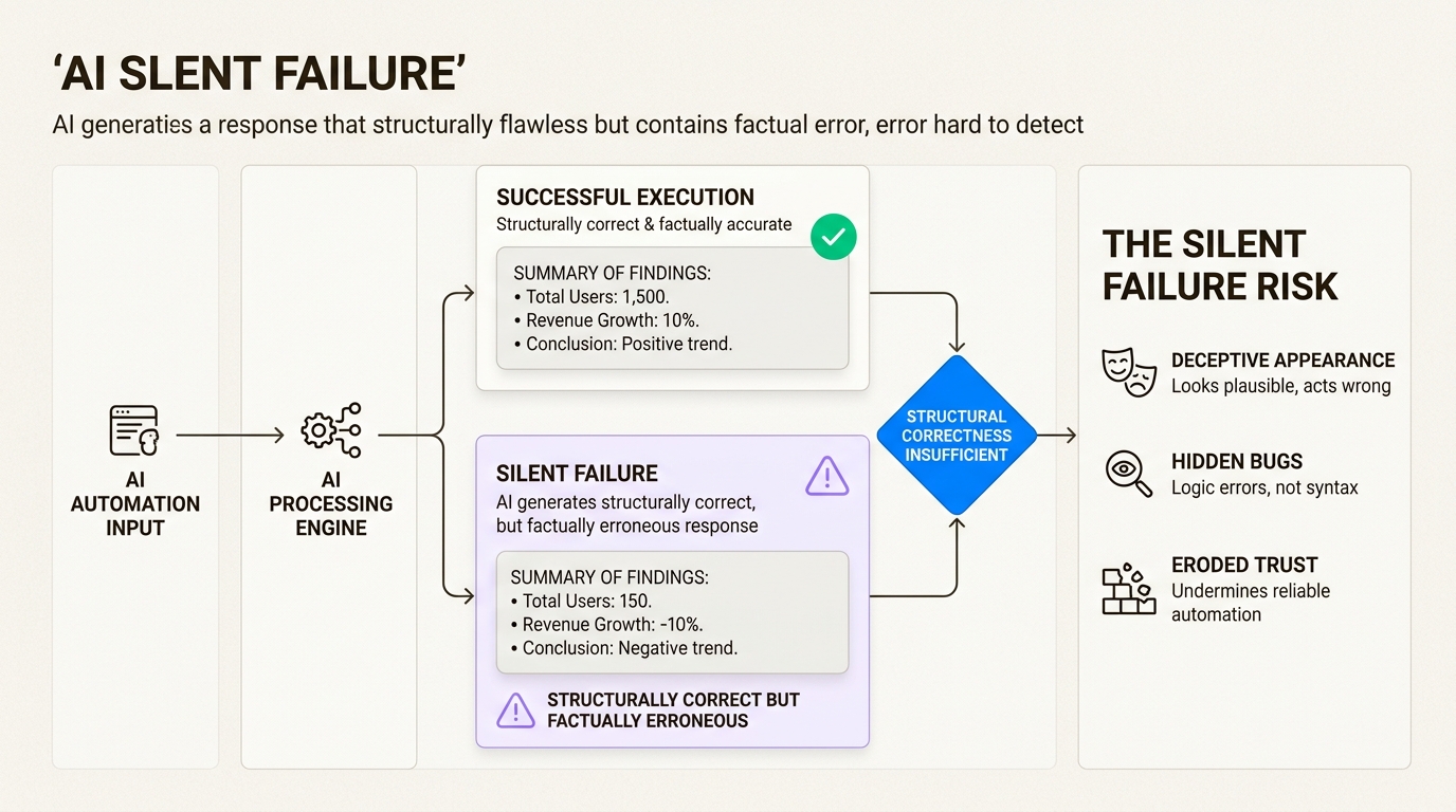 Beware of AI's 'silent failures': outputs that appear correct but contain subtle, contextually wrong information, unlike obvious traditional errors.