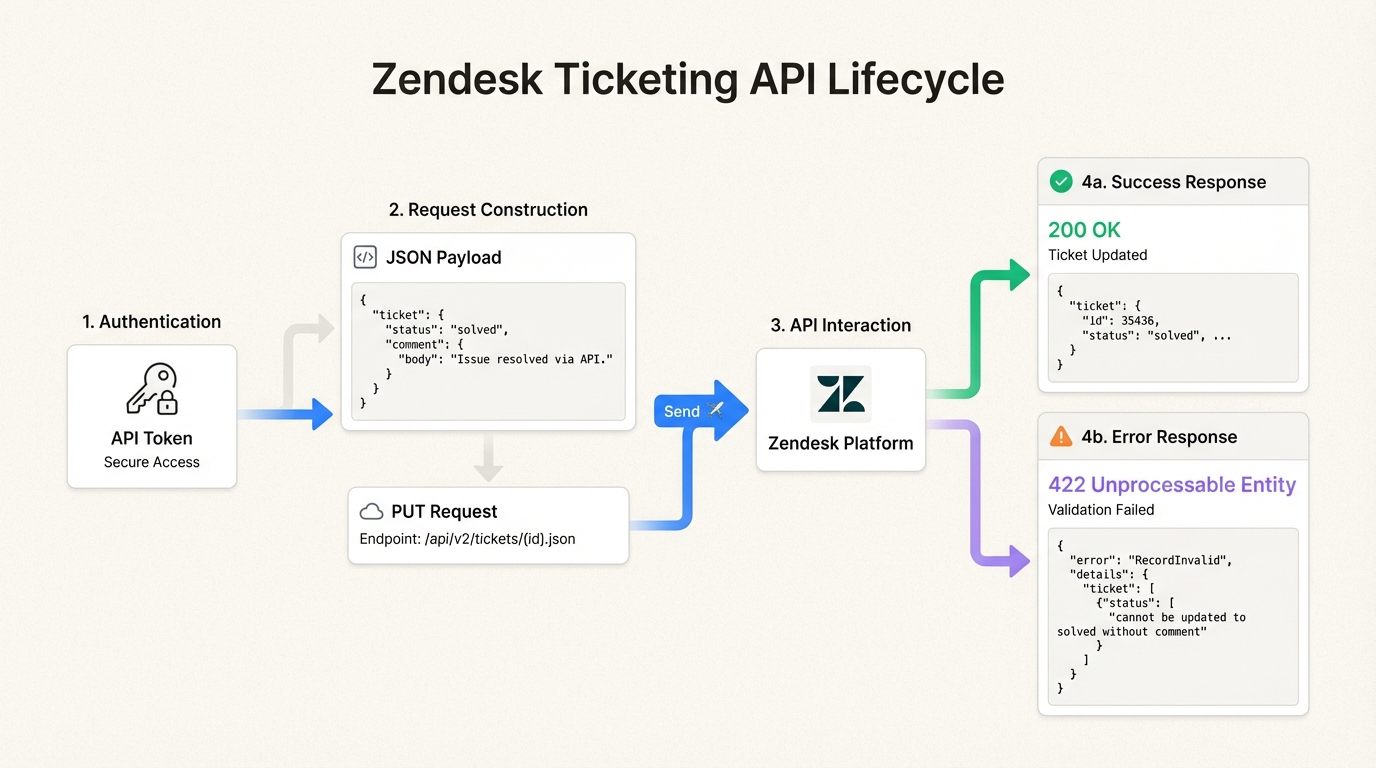 Fluxo de trabalho de atualização de ticket mostrando o fluxo de autenticação, a estrutura de dados da solicitação e o tratamento da resposta da API