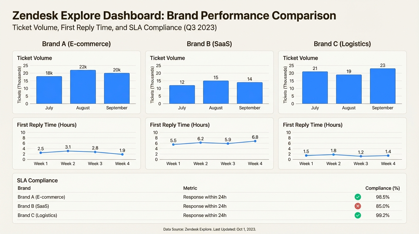 Painel de suporte multi-marca comparando métricas de desempenho entre marcas