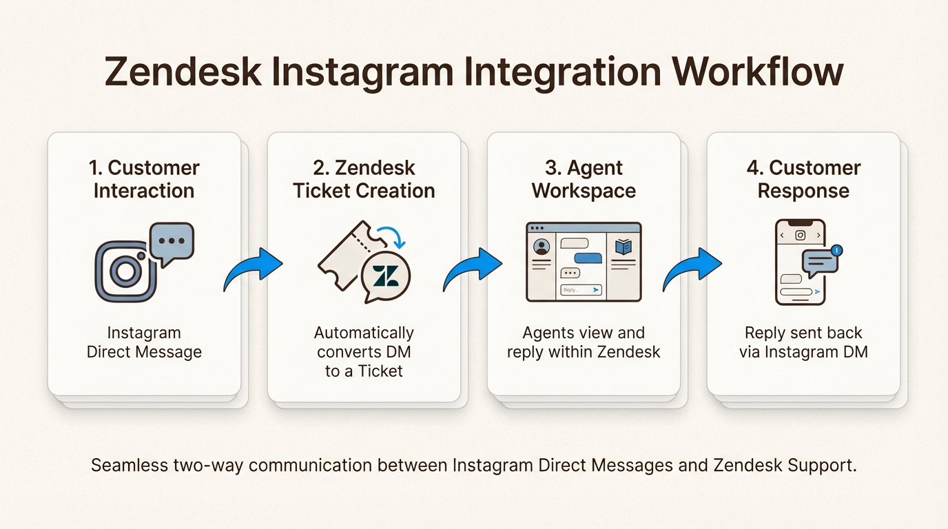 Este fluxo de trabalho mostra como os DMs do Instagram se tornam tickets rastreáveis do Zendesk para garantir que todas as perguntas dos clientes sejam capturadas e resolvidas.