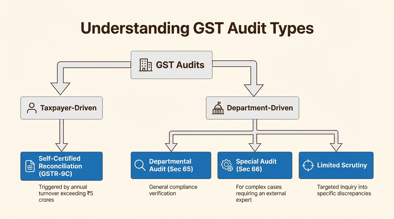 A flowchart explaining the difference between taxpayer-driven and department-driven GST audit types.