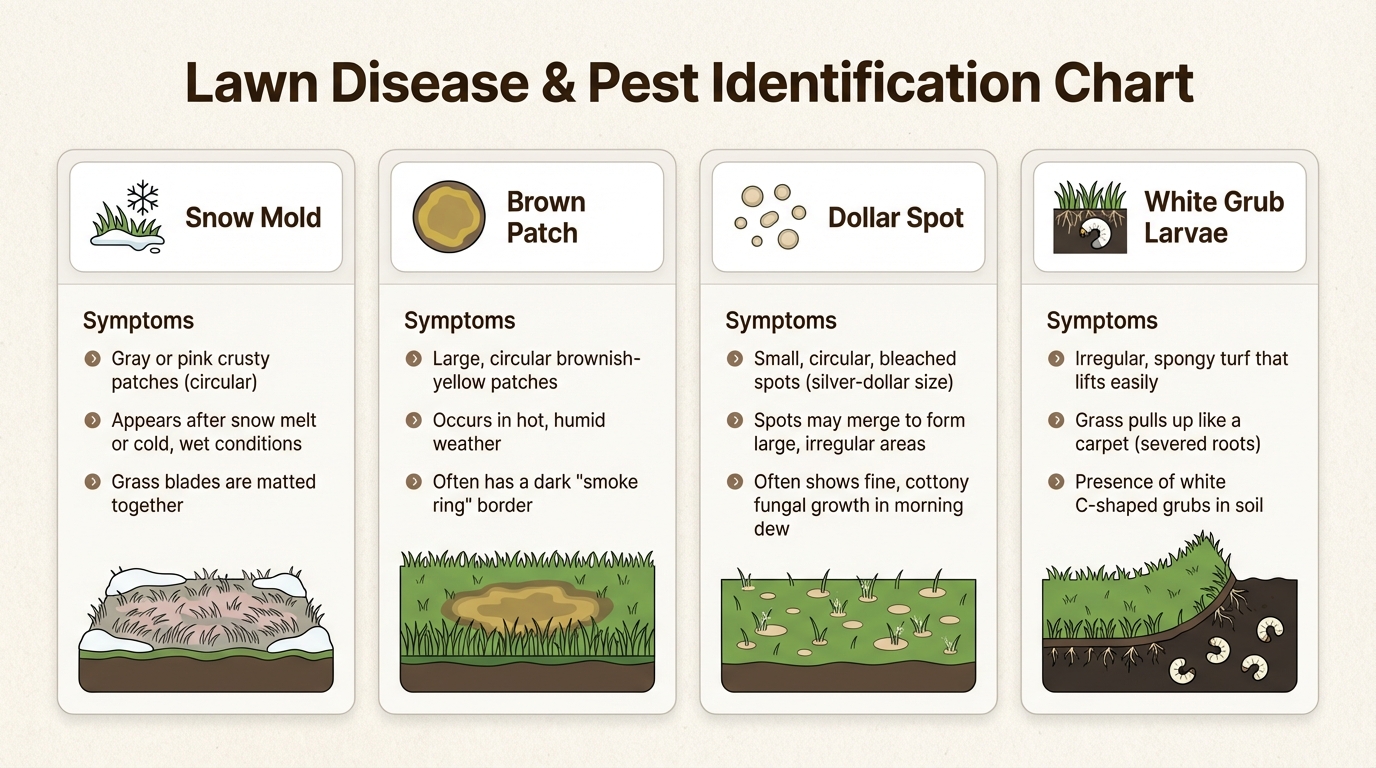 Early identification of these common spring lawn diseases and pests allows for targeted treatment before significant damage occurs to your turf.