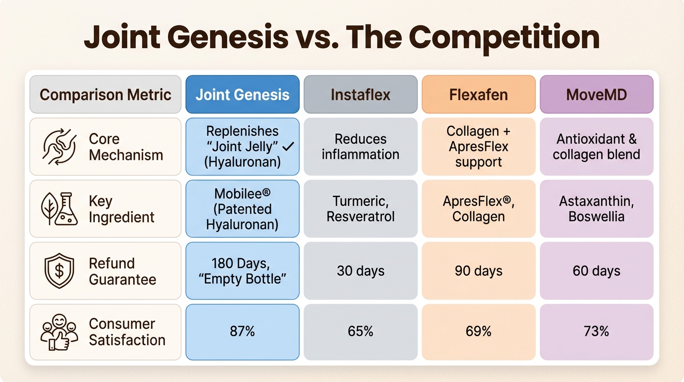 An infographic comparing Joint Genesis to other joint supplements like Instaflex, Flexafen, and MoveMD on key features and satisfaction rates.