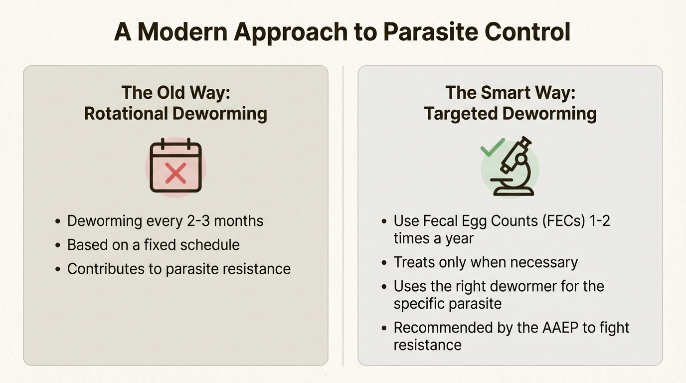 An infographic comparing rotational vs. targeted deworming to help refresh a horse care routine, based on AAEP guidelines.