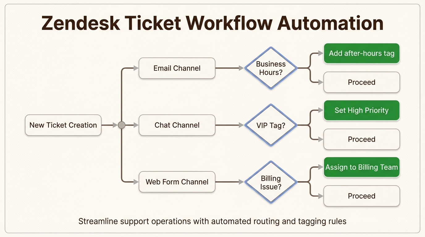 Fluxograma demonstrando a categorização e roteamento automatizados de tickets com base no canal e nos dados do cliente