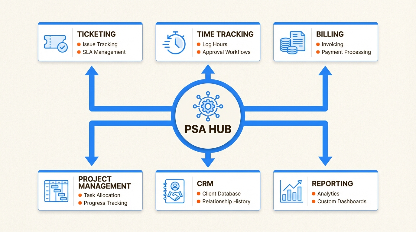 Centralized architecture connecting help desk, billing, and client management systems