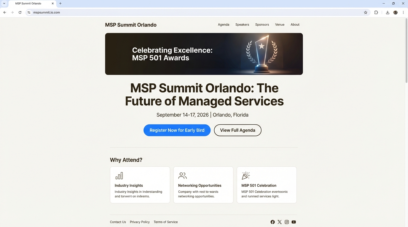 MSP Summit Orlando conference website showing event details and registration information