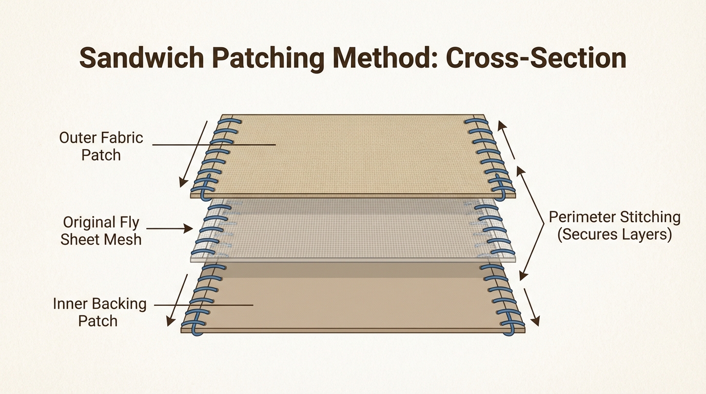 The sandwich patching technique provides maximum structural integrity for large holes by reinforcing the damaged mesh from both sides.
