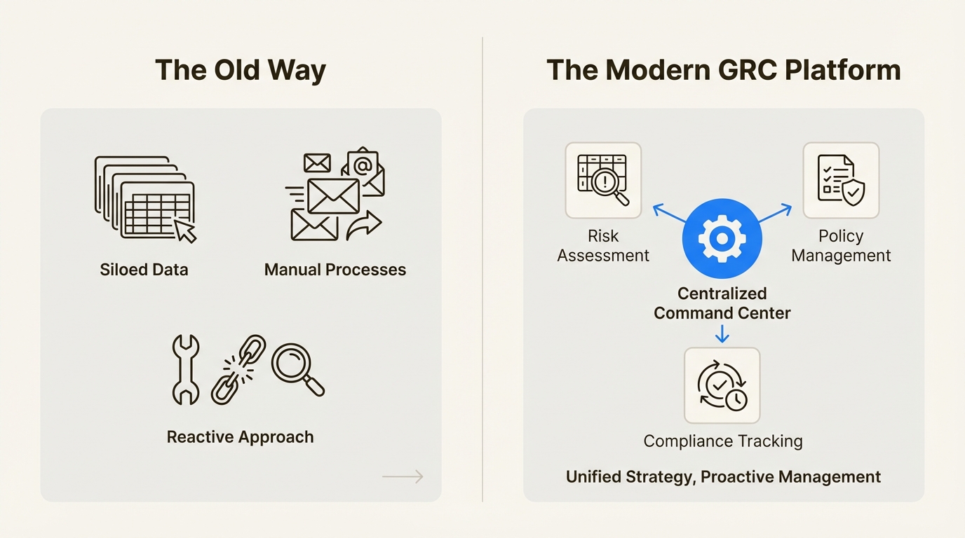 An infographic comparing the old, siloed way of managing GRC with the modern, centralized approach offered by GRC platforms.