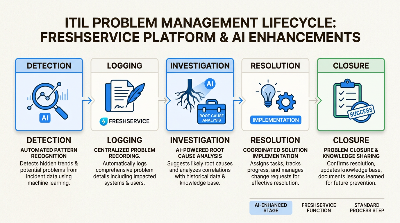 Dieser strukturierte ITIL-Workflow ermöglicht es Freddy AI, die Ursachenanalyse zu automatisieren und wiederkehrende Serviceunterbrechungen systematisch zu beseitigen.