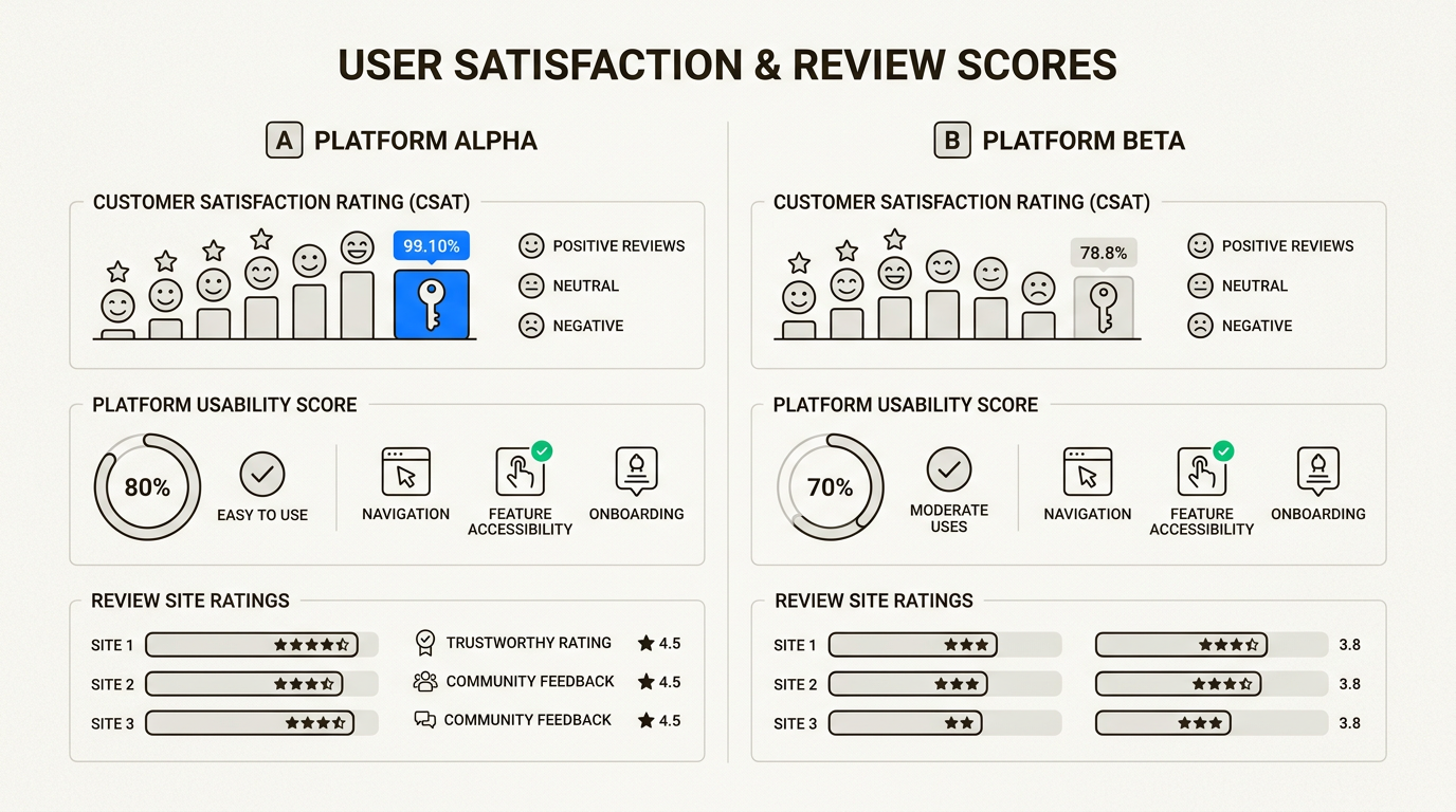 Classificações de satisfação do usuário e comparação de elogios