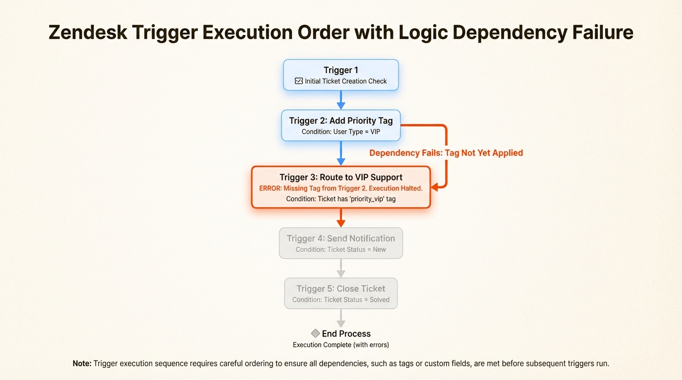 Orden de ejecución de los disparadores que muestra cómo los disparadores dependientes necesitan etiquetas o actualizaciones de campos de los disparadores anteriores para activarse correctamente
