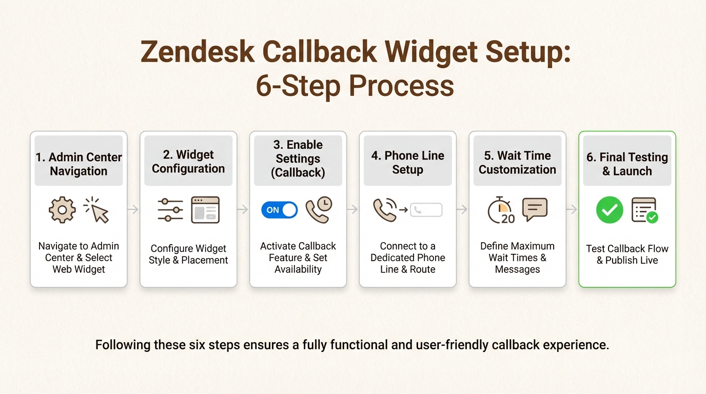 Ce flux de travail en 6 étapes fournit une feuille de route claire que les administrateurs peuvent suivre lors de la mise en œuvre du système de rappel Zendesk à partir de zéro.
