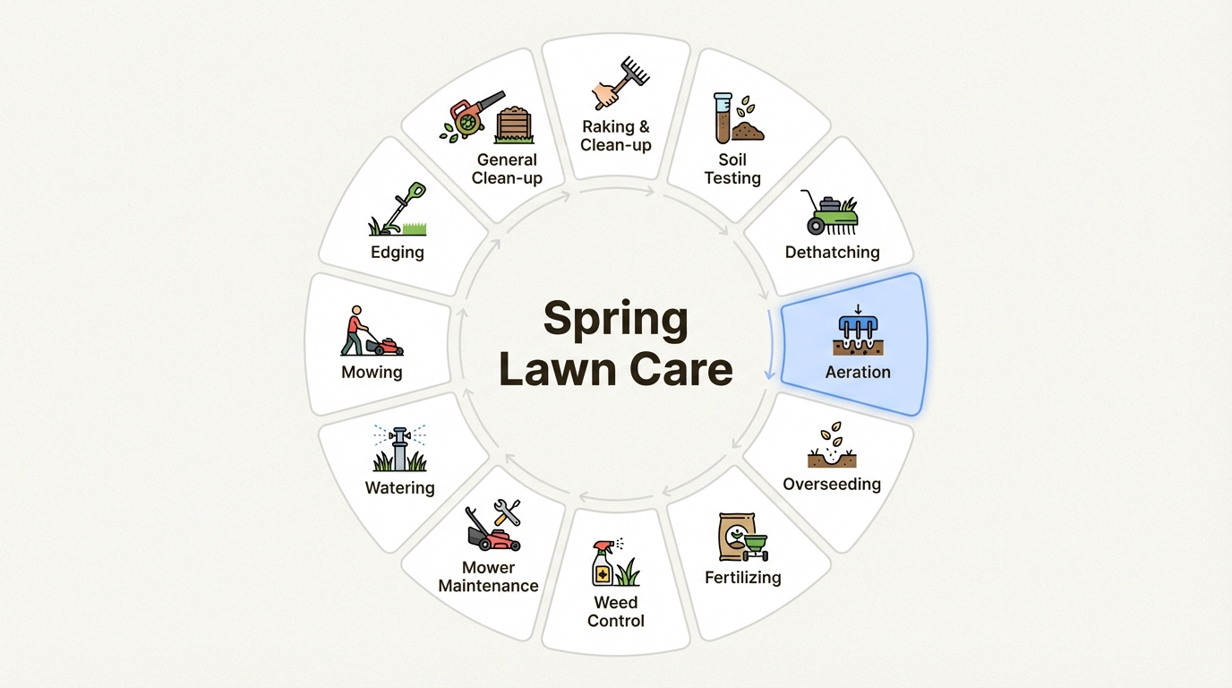 This 12-step workflow provides a structured timeline to transition your lawn from winter dormancy to vibrant summer growth.