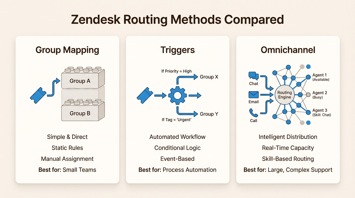 Esta comparación te ayuda a elegir entre el mapeo simple basado en la organización, la lógica de disparadores flexible o el enrutamiento omnicanal avanzado basado en la capacidad.