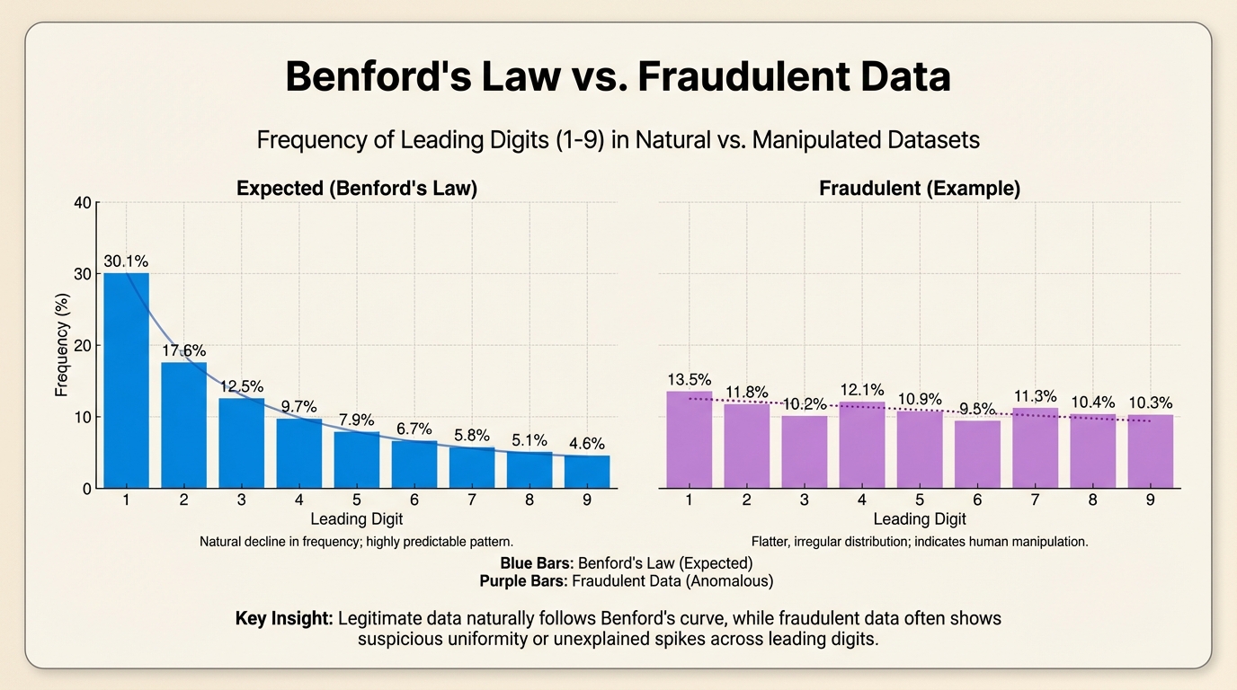 Fraudulent data looks random while legitimate data follows a predictable curve
